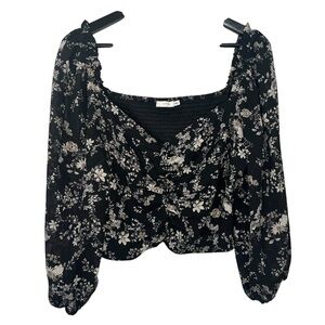 LUSH Cropped Floral Long Sleeve Sweetheart Top Womens XL Black White Gray